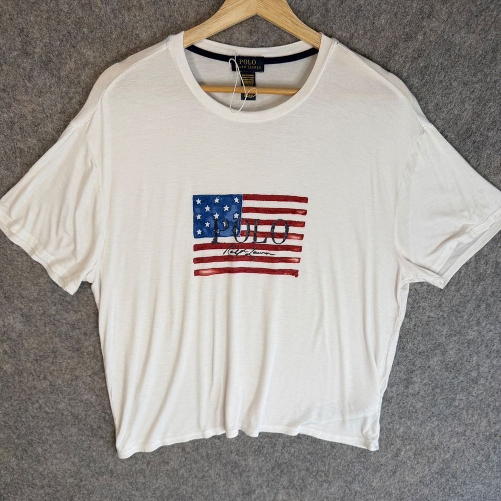 Polo Ralph Lauren American Flag Graphic Tee Womens S White Soft Viscose Relaxed
